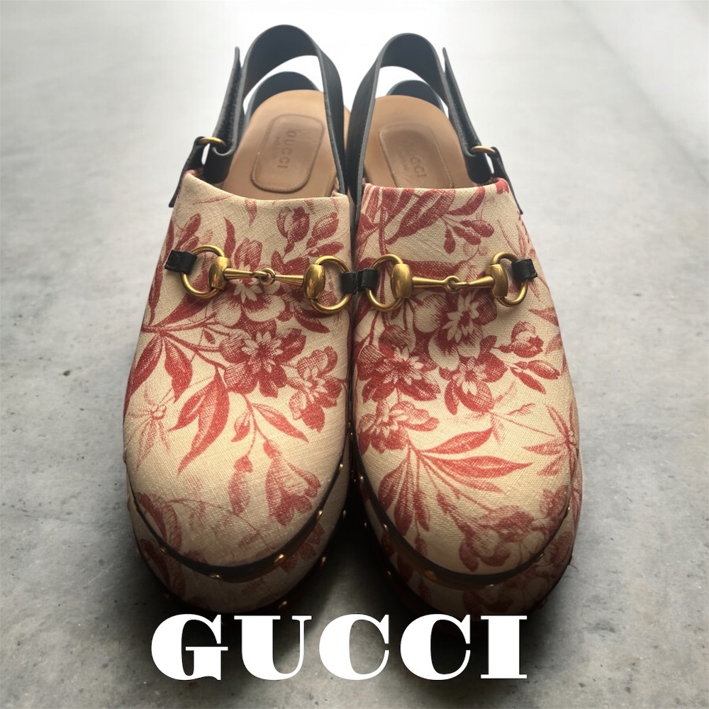 Authentic Gucci Red Floral Canvas Princetown Mules Gold Horsebit Made in Italy